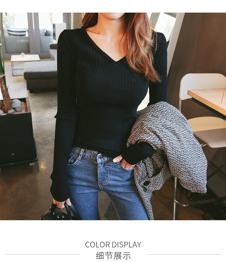Tight-fashioned áo len nữ mùa thu Hàn Quốc phiên bản của tự trồng hoang dã dài tay bên trong đáy áo len sexy top V-Cổ đáy áo áo khoác len nữ mỏng