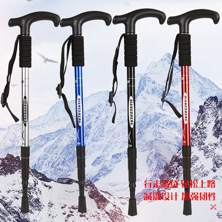 Four Sections T Handle Ultra Light Mountaineering Stick Outdoor Hiking Sports Straight Shank Cane Aluminum Alloy Shrink Walking Stick Anti Slip Shock