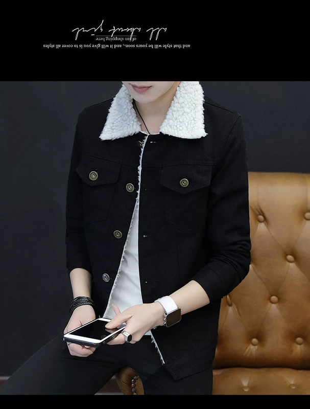 Mùa đông cộng với áo khoác denim nhung dày phiên bản nam Hàn Quốc của áo khoác mỏng đẹp trai mùa thu hoang dã