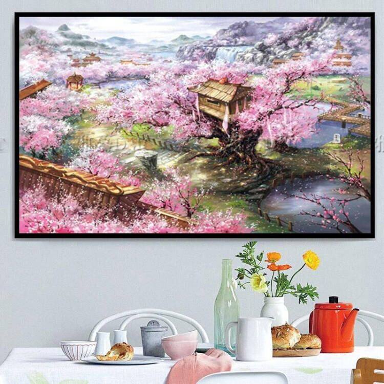 New printed DMC cotton thread cross embroidered kit handmade living room bedroom flower scenery cherry blossom Villa