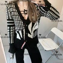 V2Thom Browne21 autumn and winter new houndstooth knitted V-neck long-sleeved TB cardigan jacket