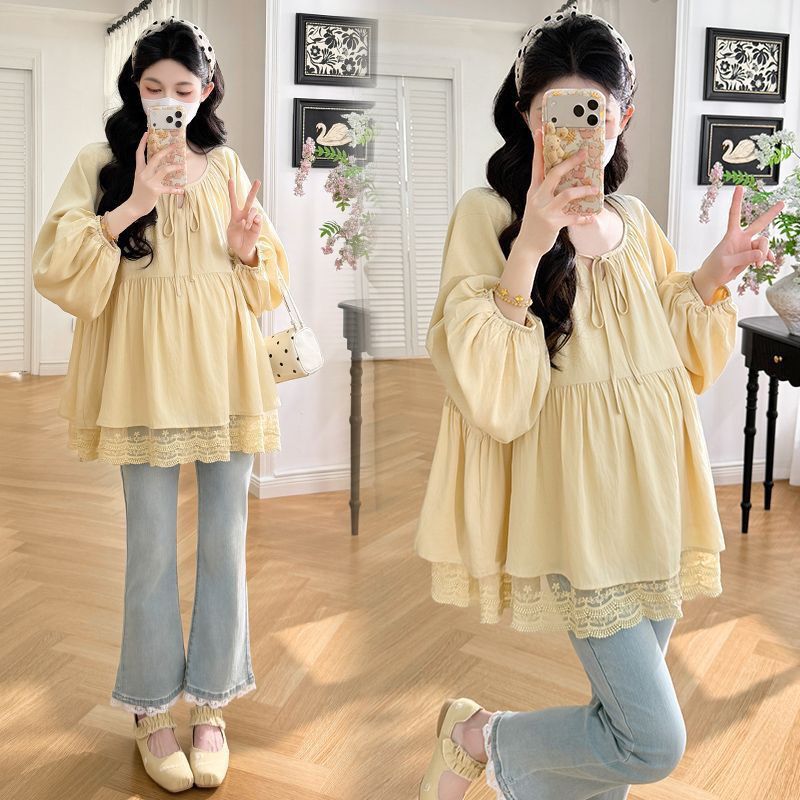 Plus Size 150kg Maternity Wear Spring Fashion French-Style Tie Loose Babydoll Shirt Maternity Mid-Length Top