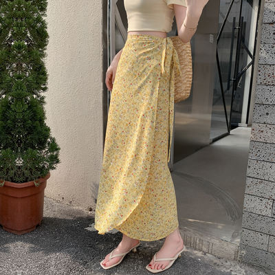 Bohemian floral print skirt for women 2026, slimming vacation sun protection apron, one-piece chiffon wrap skirt