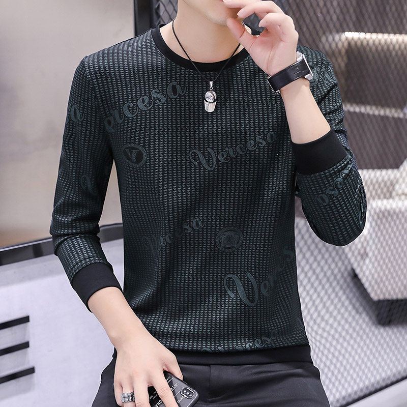 Mulberry Silk Long Sleeve T-Shirt Men's Korean Stripe Fashion Slim Crew Neck Autumn 2021 New Fashion Lettering Thick Cotton T-Shirt