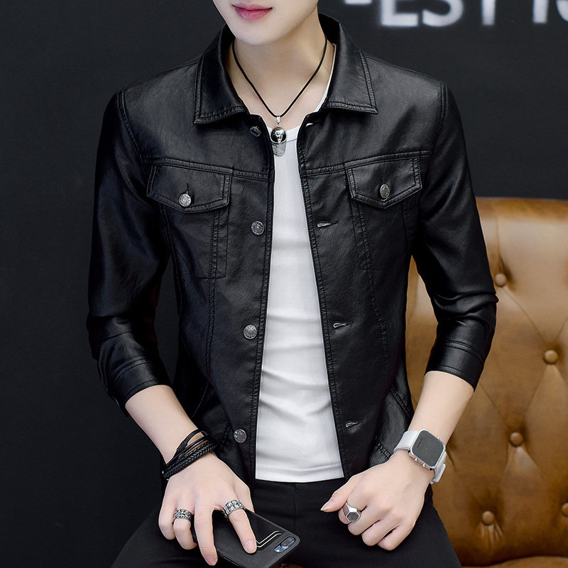 Spring and autumn new leather leather men's sheepskin lapel Korean version of the trend slim handsome thin frock leather jacket