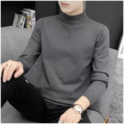 Solid color semi-turtleneck sweater men Korean version of Slim Plus velvet Spring and Autumn new men's middle collar base wool sweater