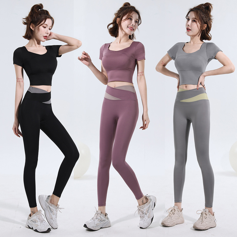 Yoga Clothing Set for Women, Short-Sleeved, Thin, Summer Gym Running Sportswear, Quick-Drying, with Chest Pads, Butt-Lifting Training Clothes