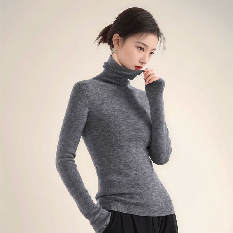 High-Neck Wool Base Layer Sweater for Women, Autumn and Winter, Stretchy Seamless Slim-Fit Knit Sweater to Pair with a Coat