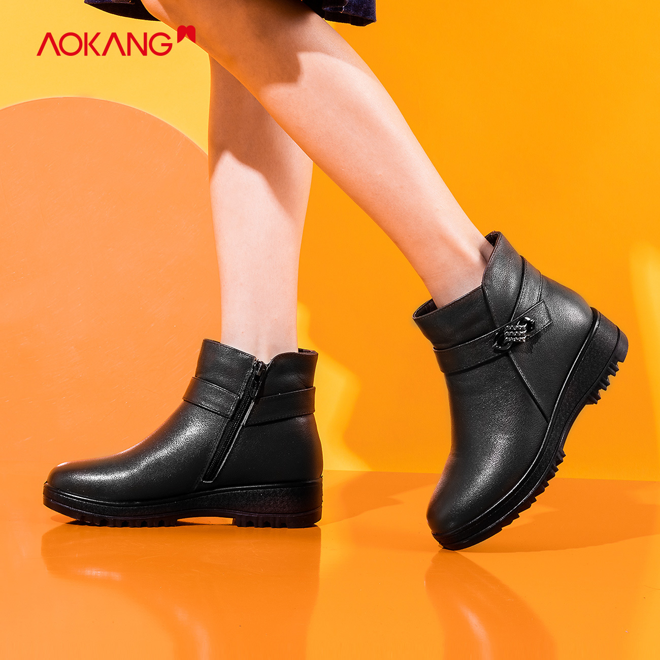 Aokang cotton shoes women's winter cotton boots zipper thin boots short boots all-match plus fleece warm mother shoes