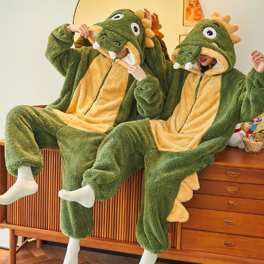 Crocodile Cartoon One-Piece Pajamas for Couples, Autumn and Winter Coral Fleece Thickened Men's Loungewear, Cute Dinosaur Performance for Girls Crocodile Cartoon One-Piece Pajamas for Couples, Autumn and Winter Coral Fleece Thickened Men's Loungewear, Cute Dinosaur Performance for Girls