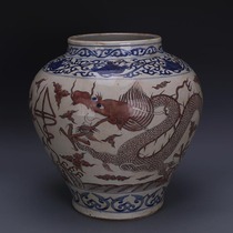 Daming Wanli blue and white glaze red double dragon pattern jar firewood kiln all hand-made antique porcelain antique collection ornaments