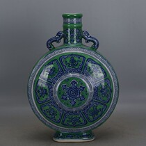 Daqing Qianlong plus color green space Blue and White eight treasure pattern double ear flat bottle imitation official kiln ancient porcelain antique collection