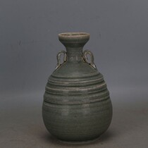 Song Dynasty Yue kiln handmade porcelain celadon double-line plate mouth bottle imitation unearthed old goods ancient porcelain antiques collection ornaments