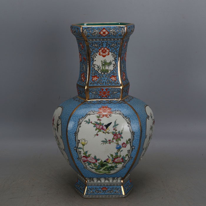 Qing Qianlong imperial pastel flower and bird pattern hexagonal flat bottle made of old official kiln antique porcelain antique collection ornaments