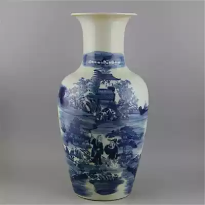 Qing Dynasty hand-painted blue and white landscape characters pattern flower basket bottle retro decoration old antique porcelain collection antique