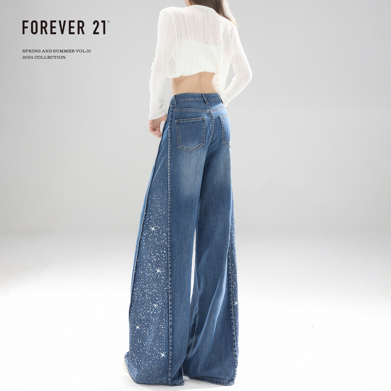 Forever 21 Stylish Rhinestone Loose Wide-Leg Jeans for Women, Popular Dark Blue High-Waisted Drapey Straight Pants