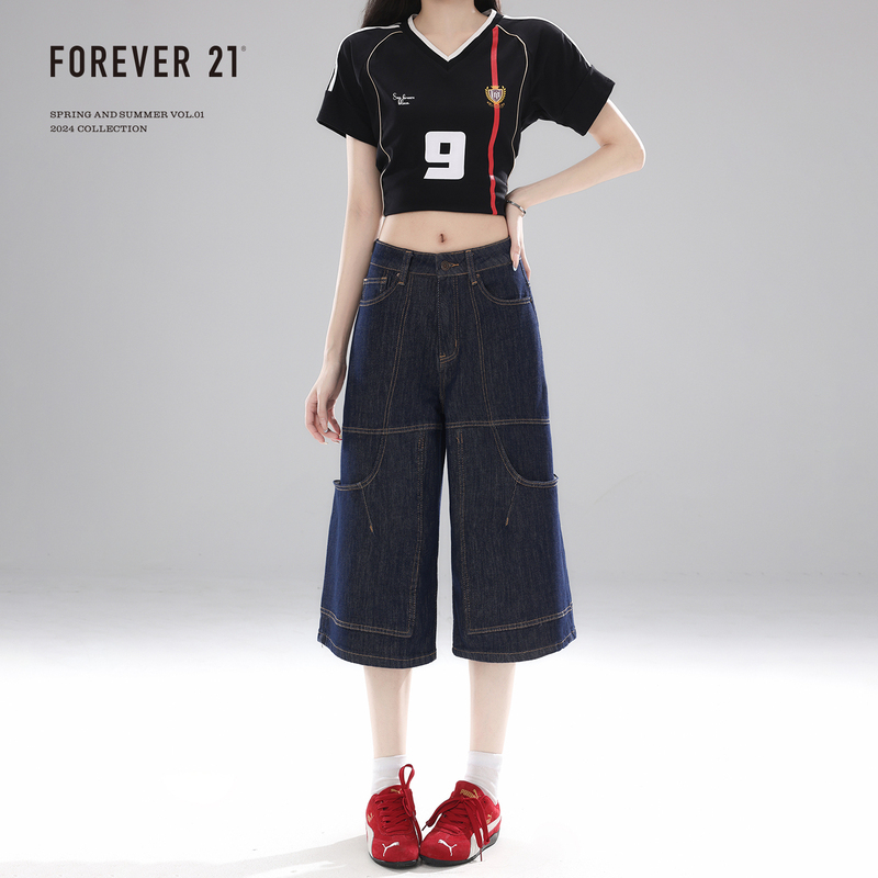 Forever 21 Popular Dark Blue Wide-Leg Denim Cropped Pants for Women, American Style High-Waisted, Pear-Shaped, Slimming Workwear Mid-Length Pants
