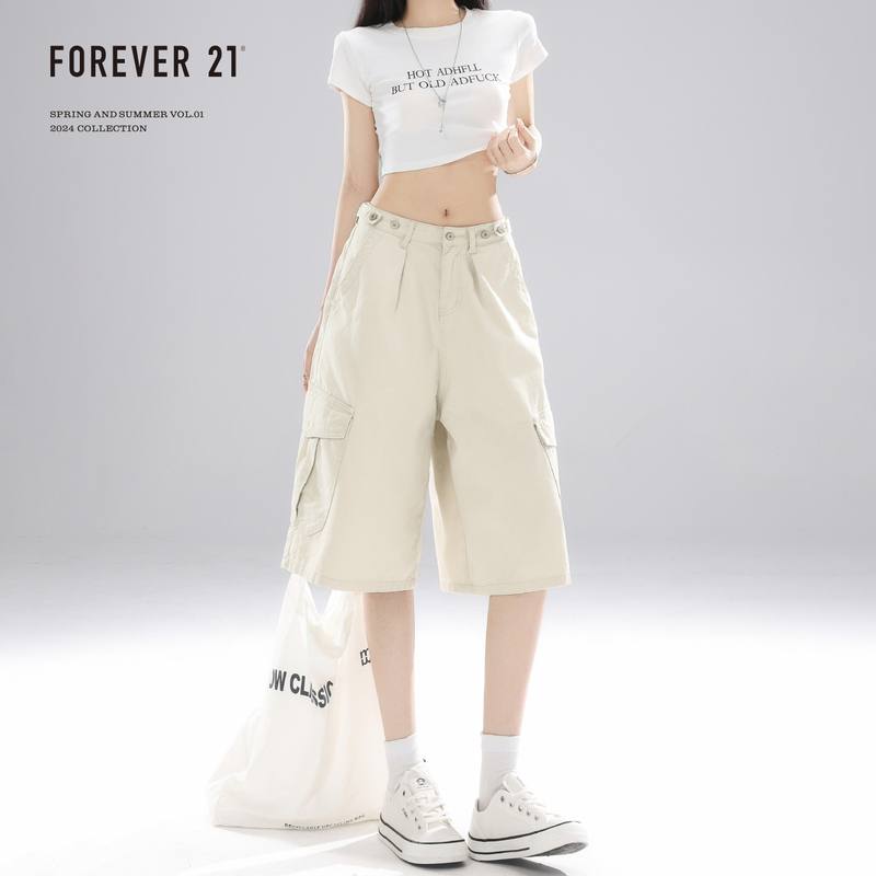 Forever 21 New Off-White Loose Wide-Leg Denim Mid-Length Pants for Women, High-Waisted, Slimming, Straight-Leg Cargo Pants
