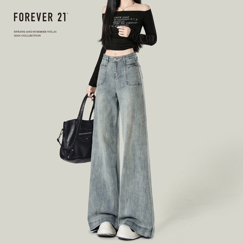 Forever 21 Stylish Light Blue Loose Wide-Leg Jeans for Women, American Style High-Waisted Pear-Shaped Drape Straight Pants Forever 21 Stylish Light Blue Loose Wide-Leg Jeans for Women, American Style High-Waisted Pear-Shaped Drape Straight Pants