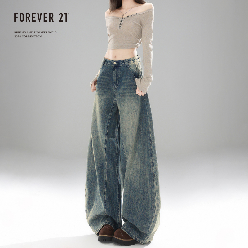 Forever 21 Super Popular Versatile Retro Blue Loose Scimitar Jeans for Women Pear-Shaped Drape High-Waisted Wide-Leg Pants