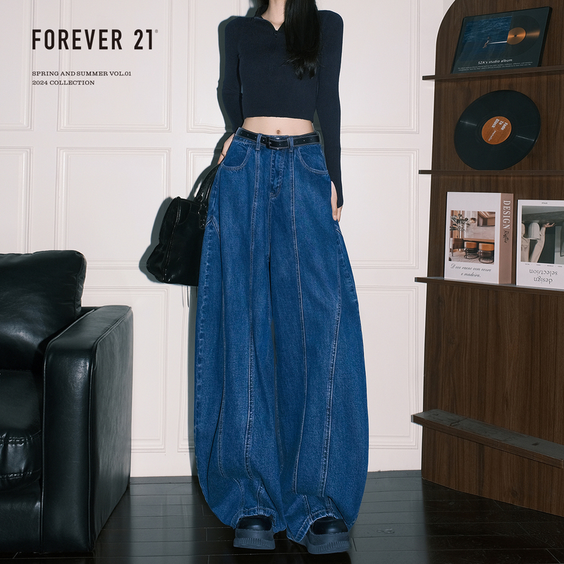 Forever 21 Stylish Blue Scimitar Wide-Leg Jeans for Women, Spring High-Waisted Slimming Trendy Elm Pants This Year