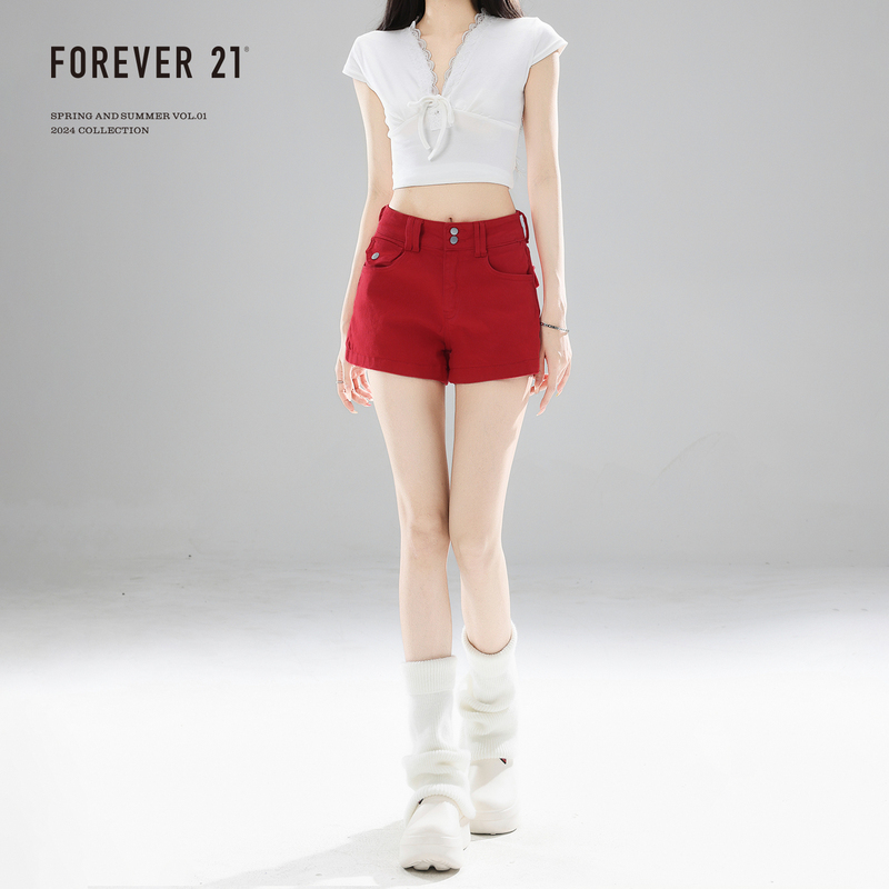 Forever 21 American Style Hot Girl Red Slim Denim Shorts for Women, Summer Petite High-Waisted Slimming Butt-Hugging Hot Pants