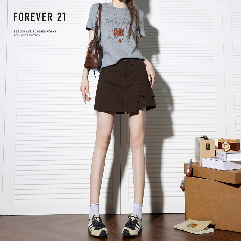 Forever21 Retro Coffee-Colored Wide-Leg Denim Shorts for Women, Loose and Slimming, American-Style High-Waisted A-Line Hip-Hugging Hot Pants