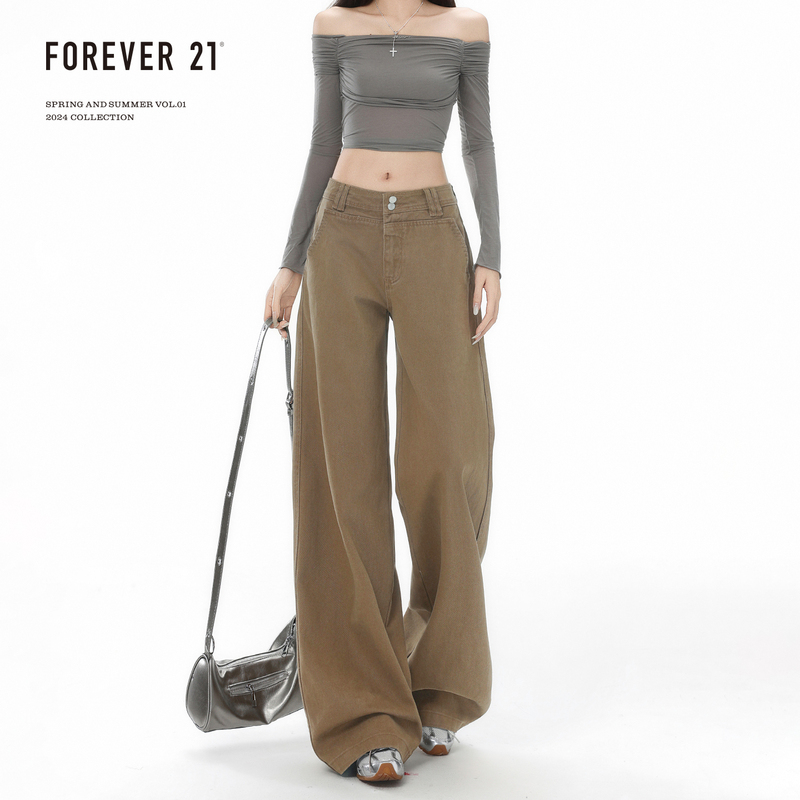 Forever 21 Melard Brown Loose Straight-Leg Jeans for Women, High-Waisted, Slimming, Flowy, Versatile Wide-Leg Pants