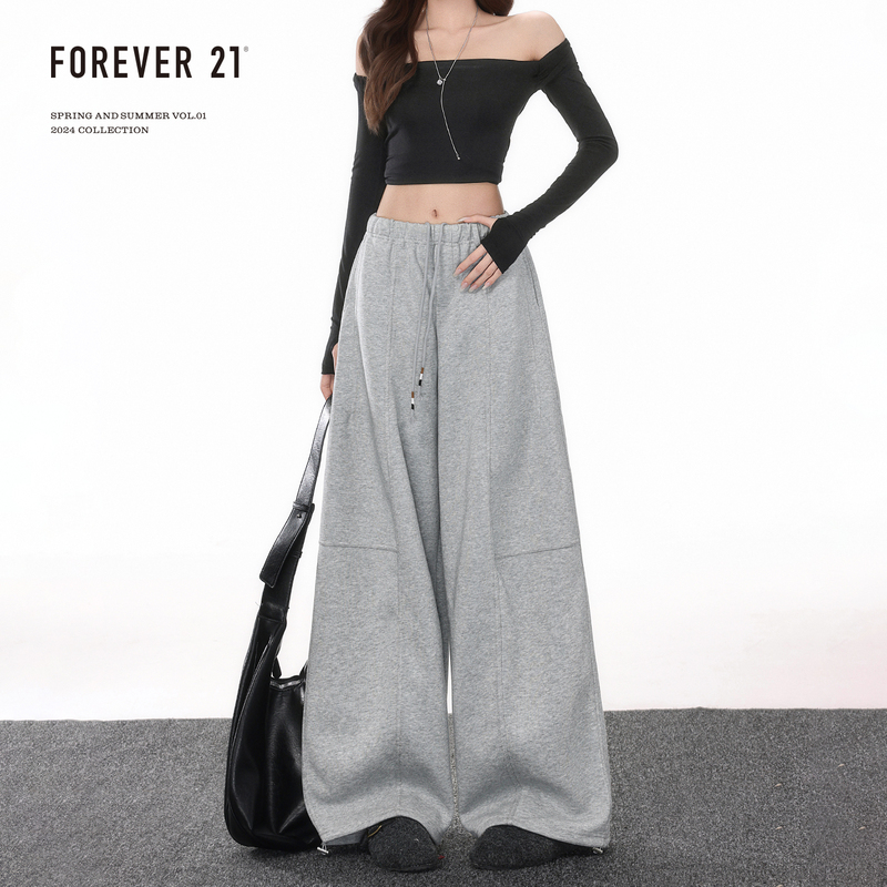 Forever 21 Relaxed Gray High-Waisted Drawstring Sweatpants for Women, Loose Pear-Shaped Drape Wide-Leg Casual Pants