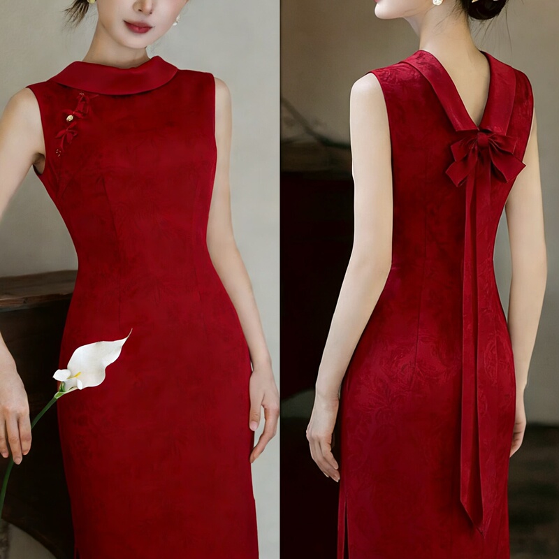 Rixo Marcy New Chinese-Style Red Cheongsam Dress Bride Bow Tie National Style Dress Toast Modified Version Rixo Marcy New Chinese-Style Red Cheongsam Dress Bride Bow Tie National Style Dress Toast Modified Version