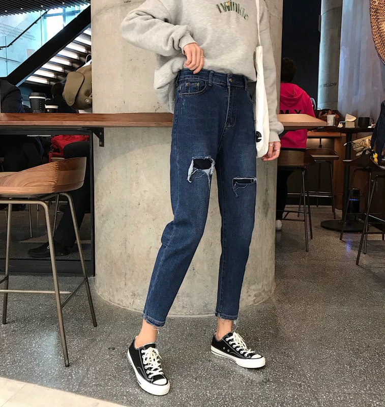 2019 Phụ nữ Hàn Quốc lỗ quần quần harem quần skinny jeans eo cao chín quần thủy triều - Quần jean