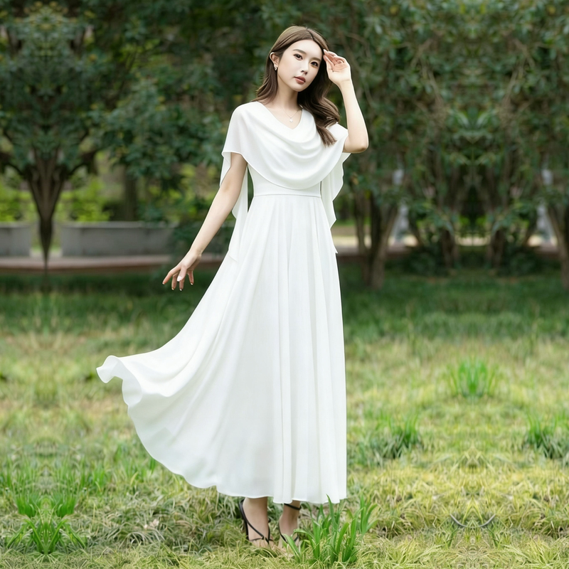 High-End Sheer Long Dress 2026 Summer New Style, Waist-Cinching, Slimming, Stunningly Beautiful, with a Draped Collar and Large Hem