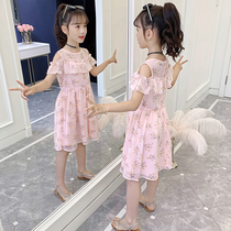 Girls floral dress 2021 new summer dress Western style childrens chiffon off-the-shoulder dress girls ruffle skirt