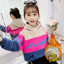 Girls plus velvet sweater 2021 new winter children loose Western style hooded top in the big children contrast color tide jacket
