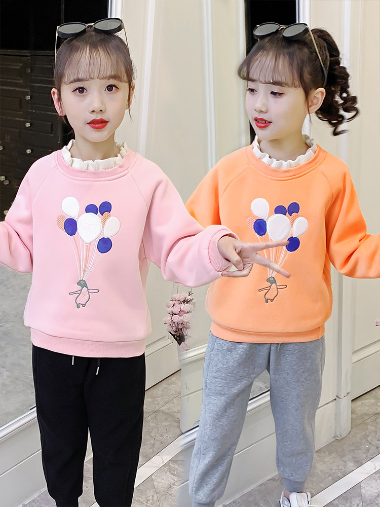 Girls thick T-shirt 2021 new winter ocean school plus velvet thickened children's fashion middle and large children's coat outside the clothes tide