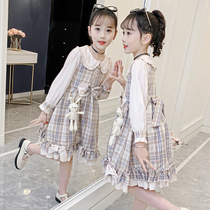 Girls long-sleeved dress 2021 new foreign style childrens spring princess dress Lolita net red plaid long dress