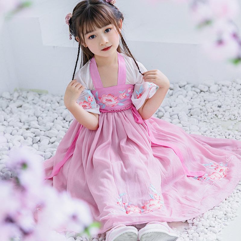 Girls dress 2021 new summer Chinese style Hanfu embroidered skirt girls Western style costume half sleeve long dress