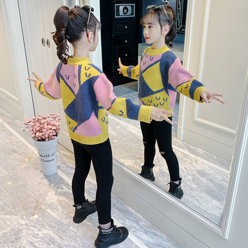 Girls sweater 2021 new spring and autumn ocean in the big children thickened pullover line clothes loose children sweater top