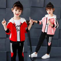 Girls  suit 2021 new spring childrens middle and large childrens hooded cardigan Western style leisure sports leisure two-piece set