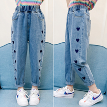 Girls jeans spring and autumn wear 2021 new Korean version of foreign style childrens pants little girl spring straight pants