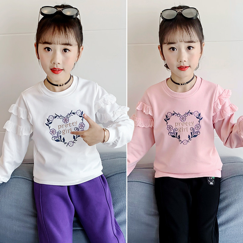 Girls spring hoodie children spring and autumn top 2021 new Korean version of Western style web celebrity middle school children T-shirt bottom shirt