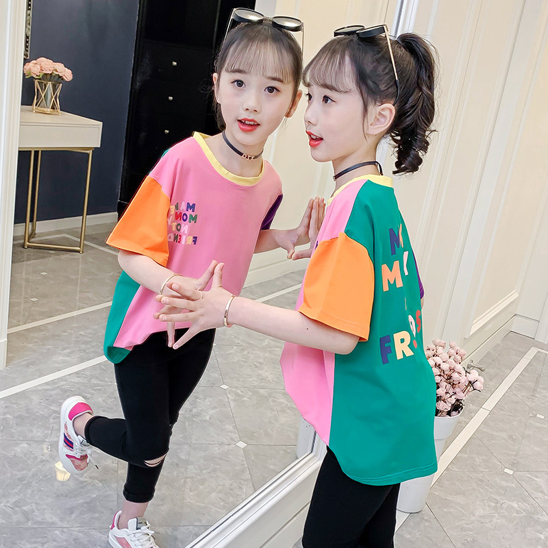 Girls short-sleeved T-shirt 2021 new children's summer children's clothing medium-sized children's clothing foreign air cartoon printing contrast color cotton top