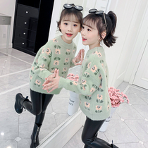 Girls sweater 2021 new autumn and winter childrens middle and large childrens thick sweater foreign style girl pullover plus velvet sweater