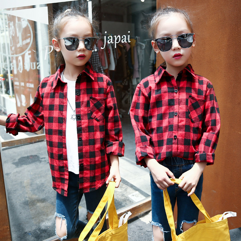Girl Shirt 2022 New Spring Autumn Dress Long Sleeve Plaid children CUHK Shirt Cotton Medium Long Version Loose Blouse