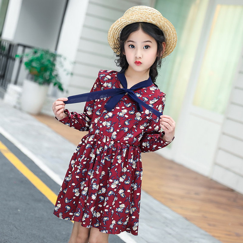 Girls skirt 2021 new spring dress crushed flower dress in the big children's foreign pie long-sleeved waist chiffon fashion trend
