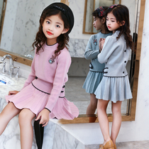 Girls sweater suit 2021 new autumn childrens fashion middle and large childrens fashion pleated short skirt two-piece set