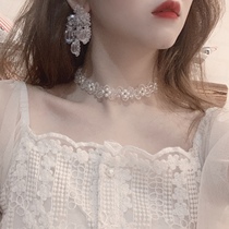 ins simple fairy air crystal beaded necklace short choker neck chain hair strap lace lace-up accessories women