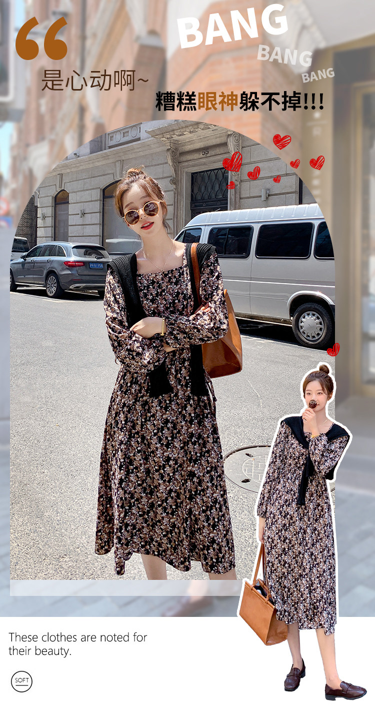实拍秋装复古碎花连衣裙女长袖系带收腰方领气质中长款碎花裙 汇美网络服饰 批发货源 搜款网