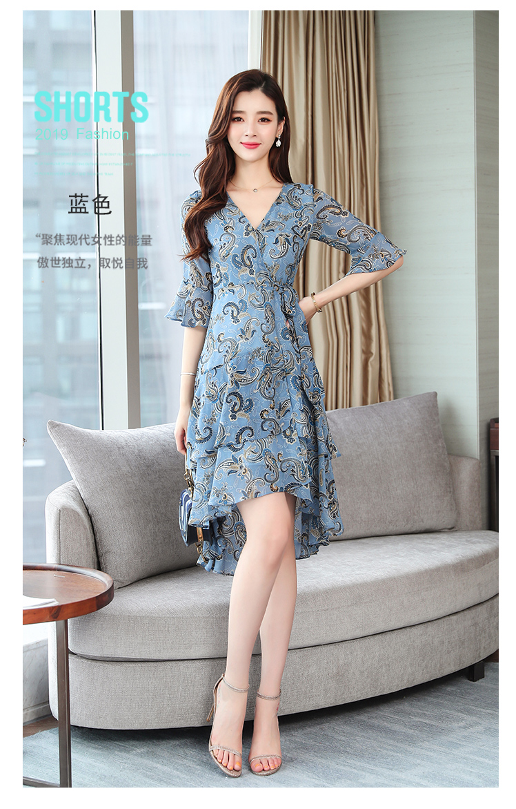 VK旗艦店 韓系雪紡印花V領不規則顯瘦復古短袖洋裝