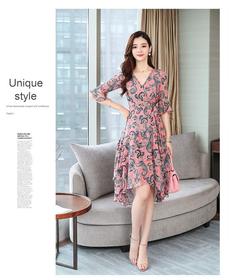 VK旗艦店 韓系雪紡印花V領不規則顯瘦復古短袖洋裝